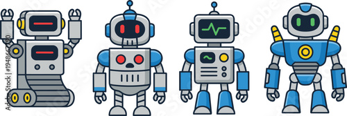 Cute robot character set, futuristic AI robot mascots collection with different technology robots for artificial intelligence, robotics and kids technology illustration