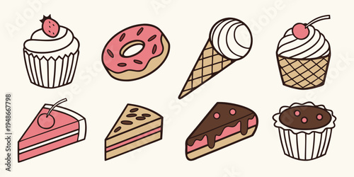a variety of sweet baked goods and desserts Vector