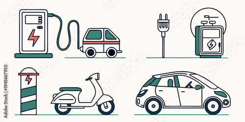 Electric vehicle charging stations and cars Vector