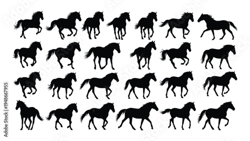 Collection of black horse silhouettes in various poses and angles on white background for equestrian and design use