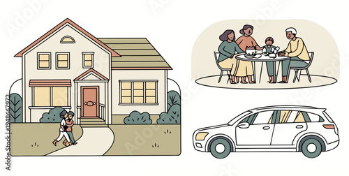 family in a house with a car and people inside Vector