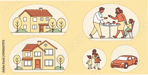 family and home related icons with people and a car Vector
