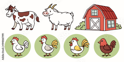 a collection of farm animals and a barn Vector