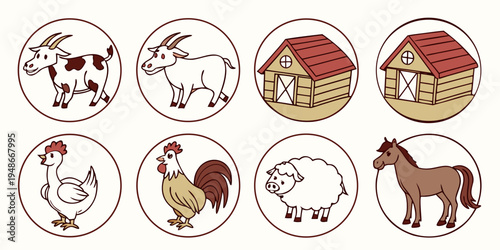 farm animals and a barn with a red roof Vector