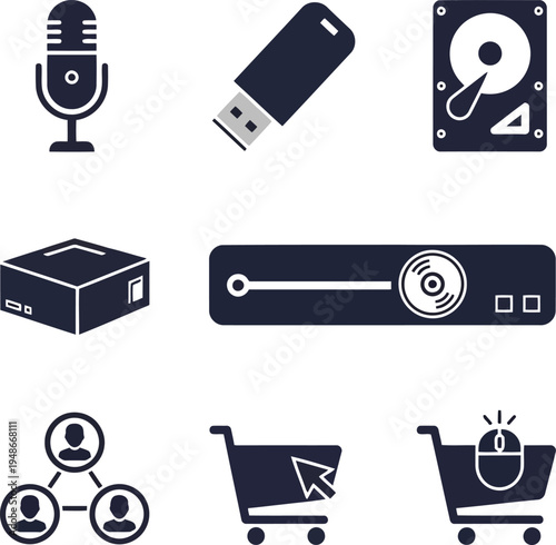 Set of Technology and E commerce Icons Including Hardware, Media and Online Shopping Symbols