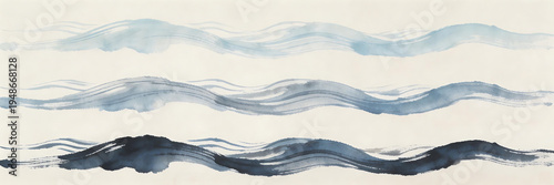 Abstract watercolor ink wave patterns in blue and white, with smooth curves and fluid strokes, creating a serene and elegant artistic background for design or decoration.