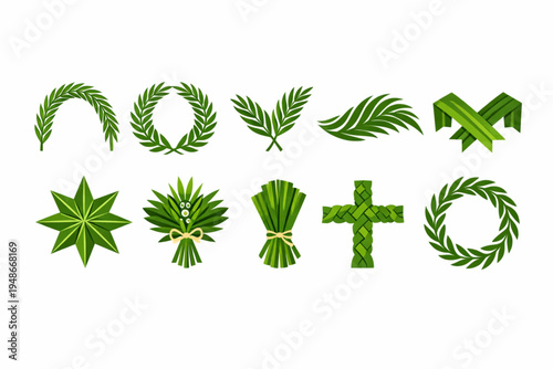 Palm Leaf Icon Set – Wreaths, Arches, and Decorative Fronds Flat Design