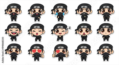 Cute Ninja Character Sticker Set Vector, Kawaii Warrior Mascot Emoji Pack, Cartoon Shinobi Emotes