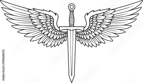 Vector dagger with wings icon, black and white illustration