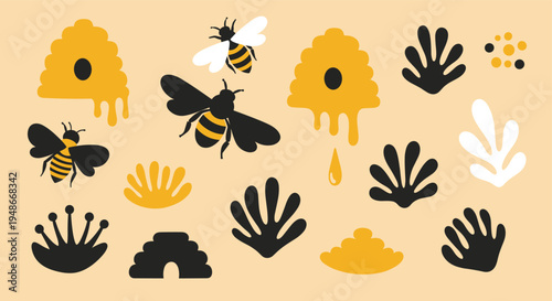 Beehive and Honey Bee Flat Illustration Set