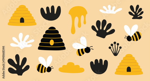 Cute Bee and Honeycomb Pattern Elements Set