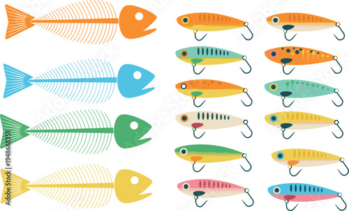 Fishing lure set with colorful artificial bait and fish skeleton icons, angling equipment for sport fishing tackle vector illustration