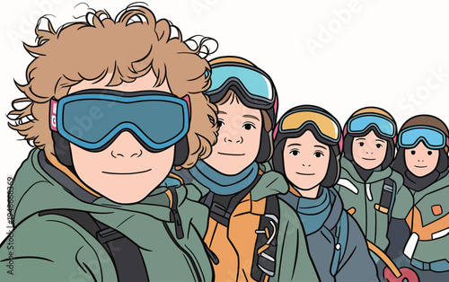 Group of young people enjoying snow sports together during winter activities in a snowy landscape