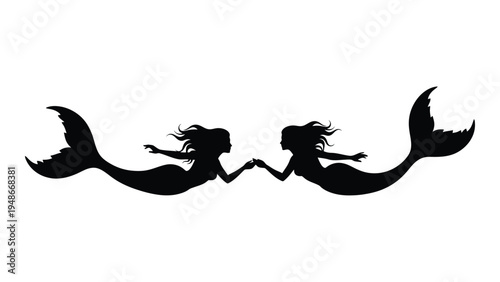Mermaid silhouette artwork of two mythical creatures facing each other in black and white illustration for oceanic and underwater themed decor and design