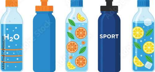 Reusable water bottle set with sport drink bottles, hydration containers with lemon and orange infused water, healthy lifestyle vector illustration