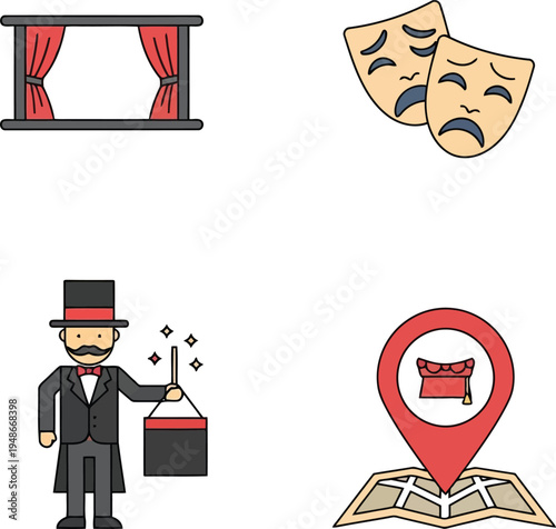 Theater and Magic Performance Vector Icon Set for Entertainment and Event Design Concepts
