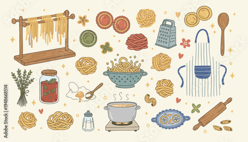 Hand drawn pasta making set with cooking utensils and ingredients