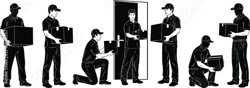 Delivery worker courier carrying boxes silhouette vector illustration set, logistics shipping service staff with packages isolated on white background transportation and delivery concept