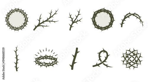 Crown of Thorns Icon Set – Thorn Branches, Wreaths, and Sacred Symbols Flat Design