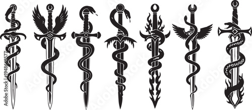 Set of 7 medical symbol icons vector, caduceus, staff of Hermes