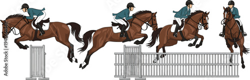 Equestrian show jumping sequence with rider on horse clearing obstacle fence, professional horse riding sport action vector illustration isolated on white background