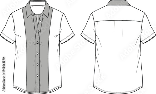 echnical flat sketch illustration of short-sleeve button-up shirt with contrasting panel design, collar, darts, yoke, seam details, symbolizing garment construction, apparel design, and fas