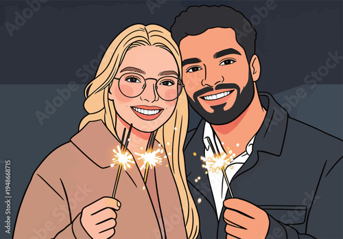 Couple holds sparklers while celebrating together indoors at night during a festive occasion