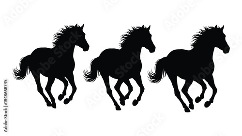 Three black horse silhouettes running side by side in profile view on white background