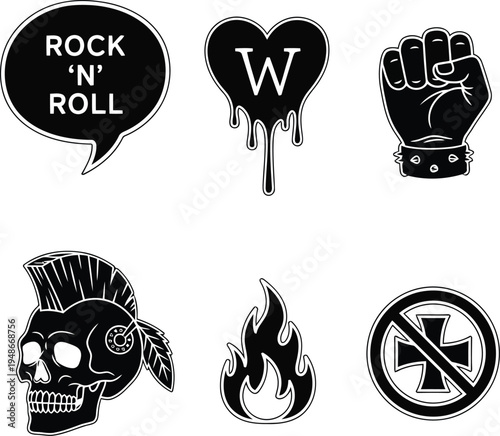 Rock and Roll Music Patches and Stickers Set with Skull and Fist Vector Icons