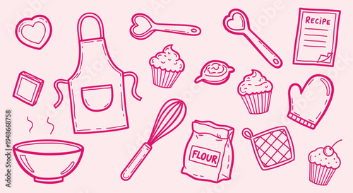 Hand drawn baking and cooking elements set on pink background