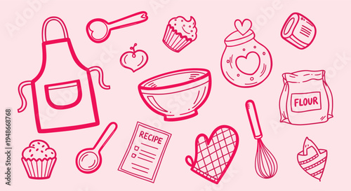 Hand drawn baking and cooking elements set on pink background