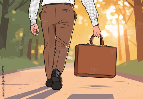 Man walks on a path holding a briefcase in a wooded area during sunset near a small town