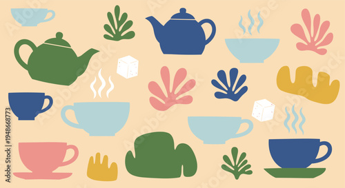 Tea time pattern with colorful teapots and cups