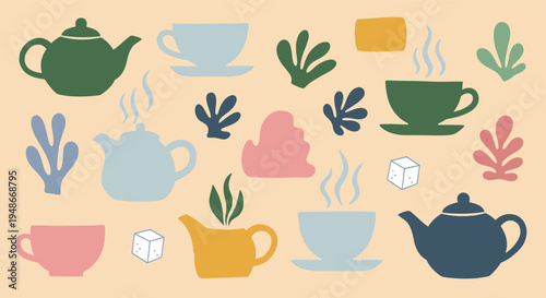 Tea time collection with teapots cups and sugar cubes in flat style