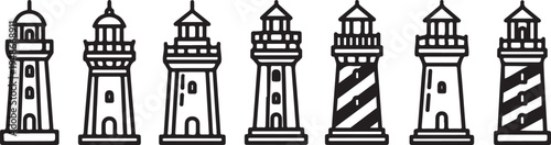 Six distinct lighthouses showcasing various architectural designs and patterns Vector
