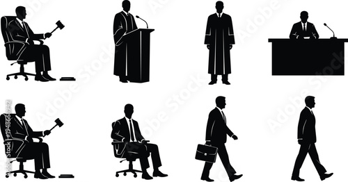 Judge, lawyer and businessman silhouettes set with gavel, podium speech and walking office professional poses isolated on white background law and business concept