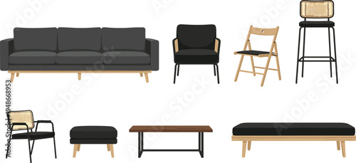 Modern furniture set with sofa chairs stool table and bench, stylish living room seating collection for interior design vector illustration