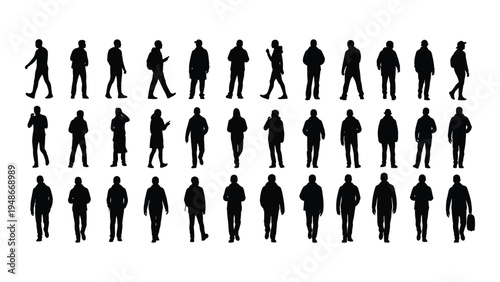 Collection of diverse human silhouettes in various poses and actions