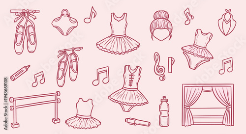 Hand drawn ballet elements set with dance apparel and musical notes