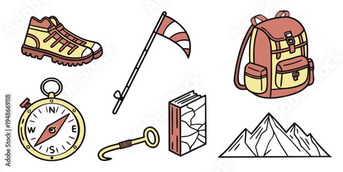 hiking gear and accessories for outdoor adventure Vector
