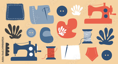 Sewing and tailoring craft supplies flat illustration set