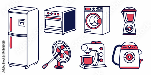 collection of kitchen appliances in red and white Vector