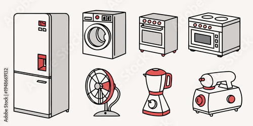 a collection of kitchen appliances and a fan Vector