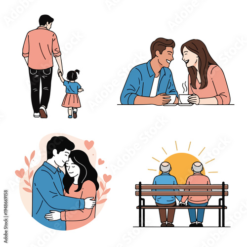 Four illustrations depicting different stages of loving relationships and family life