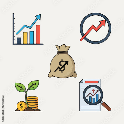 Financial icons showing charts, money bag, coins, and growth