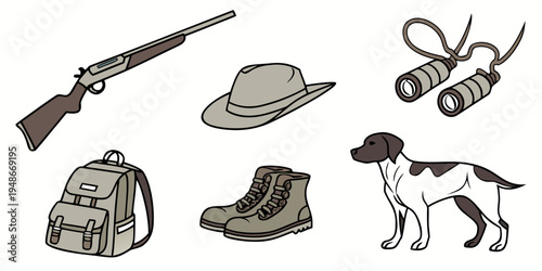 hunting gear and accessories for outdoor activities Vector
