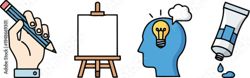 Creative Art and Design Process Icons Set with Pencil Easel Idea and Paint