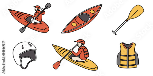 kayak and canoe equipment set with people Vector