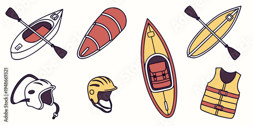 a collection of kayaking equipment and safety gear Vector