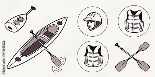 kayak and paddling equipment set Vector